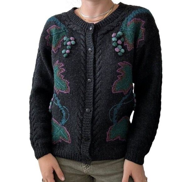 Vintage 1980s Boston Traders Black Wool Chunky Floral Embroidered Cardigan Sz M - Picture 8 of 8